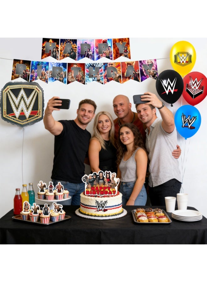 WWE Wrestling Birthday Party Decorations Set, 34PCS WWE Party Supplies with Banner Cake Topper Balloons Tablecloth Spiral Hanging Decor Foil Balloon for Birthday Decoration Supplies - Image 4